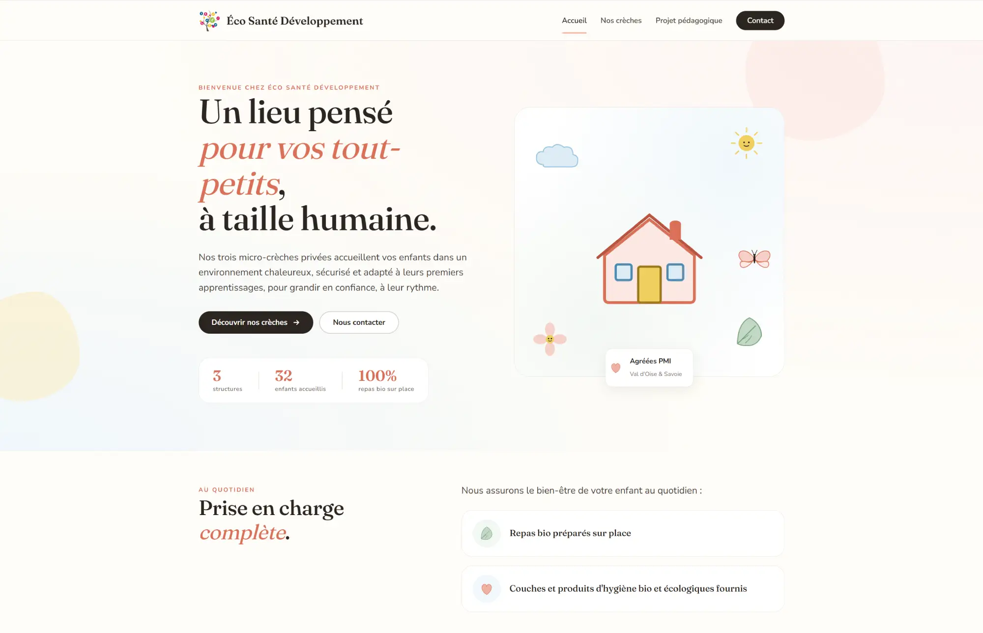 Capture d'écran du projet Éco Santé Développement - Site vitrine pour un réseau de trois micro-crèches privées